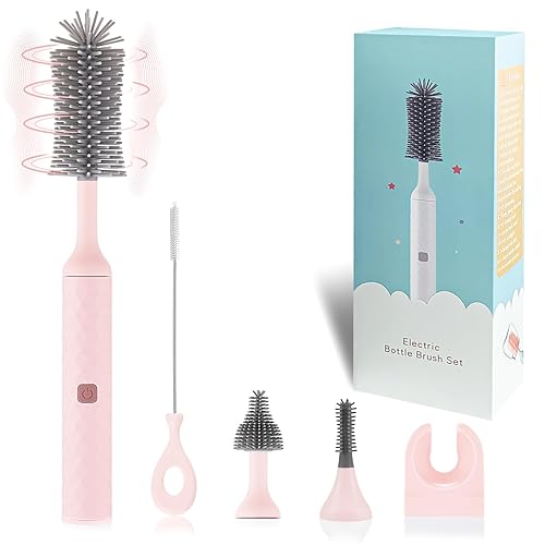 WHNL Kit de limpiador eléctrico de biberones con limpiador de cepillo eléctrico recargable, cepillo de silicona de 3 piezas y cepillo para pajilla,