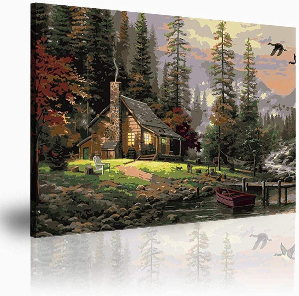 ZHANGFAN Abstract Oil Paintings Forest Lodge BobRoss Canvas Oil Painting Canvas Art Poster Paintings Picture Gift Home Office Wall Decor 46x31 cm (18x12 in)