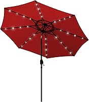 Blissun 9FT Solar LED Patio Umbrella with 32 Lights, Push Tilt Crank, 8 Ribs UV Protection - Red Outdoor Garden Pool Beach Umbrella