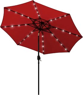 Blissun 9FT Solar LED Patio Umbrella with 32 Lights, Push Tilt Crank, 8 Ribs UV Protection - Red Outdoor Garden Pool Beach Umbrella