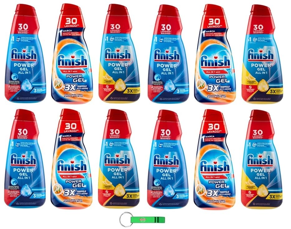 Paquete de prueba Finish Powergel líquido para lavavajillas multifuncional, efecto desengrasante, 30 lavados, 12 x 600 ml + llavero Beni Culinari gratuito