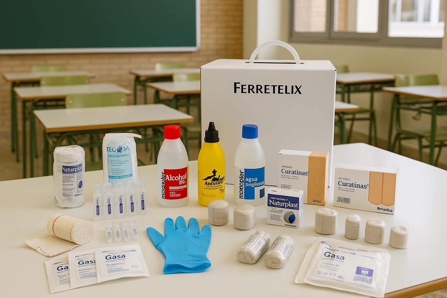 Kit reposicion Armario/maletin botiquin primeros auxilios con productos homologados cumpliendo la normativa CE Fabricado en España