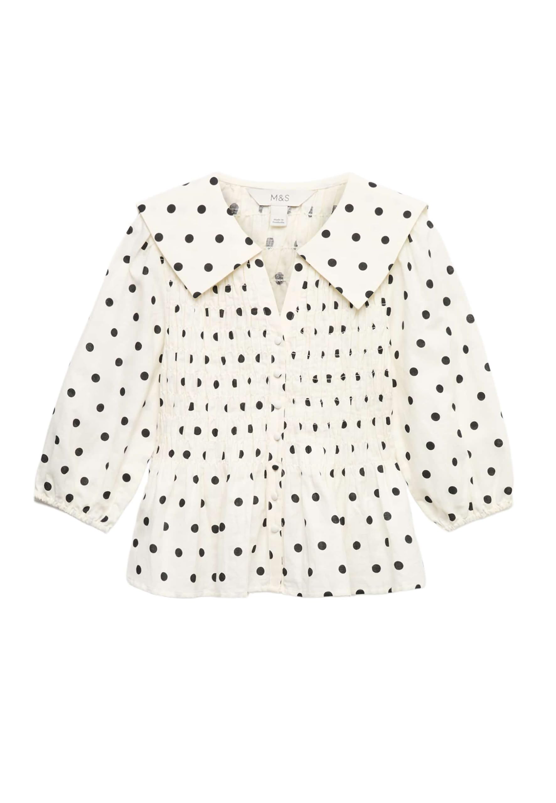 Marks & Spencer Donna Ricco di Lino a Pois Arricciato Camicetta – Aderente – Orlo Peplum – Maniche Corte