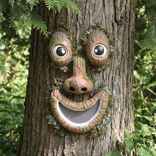 Hollowfly Tree Face Decor Outdoor Tree Faces Trees Yard Art Statues Garden Cute Funny Creative Decoration for Indoors Outdoor Garden Decoration(Smiling Style)
