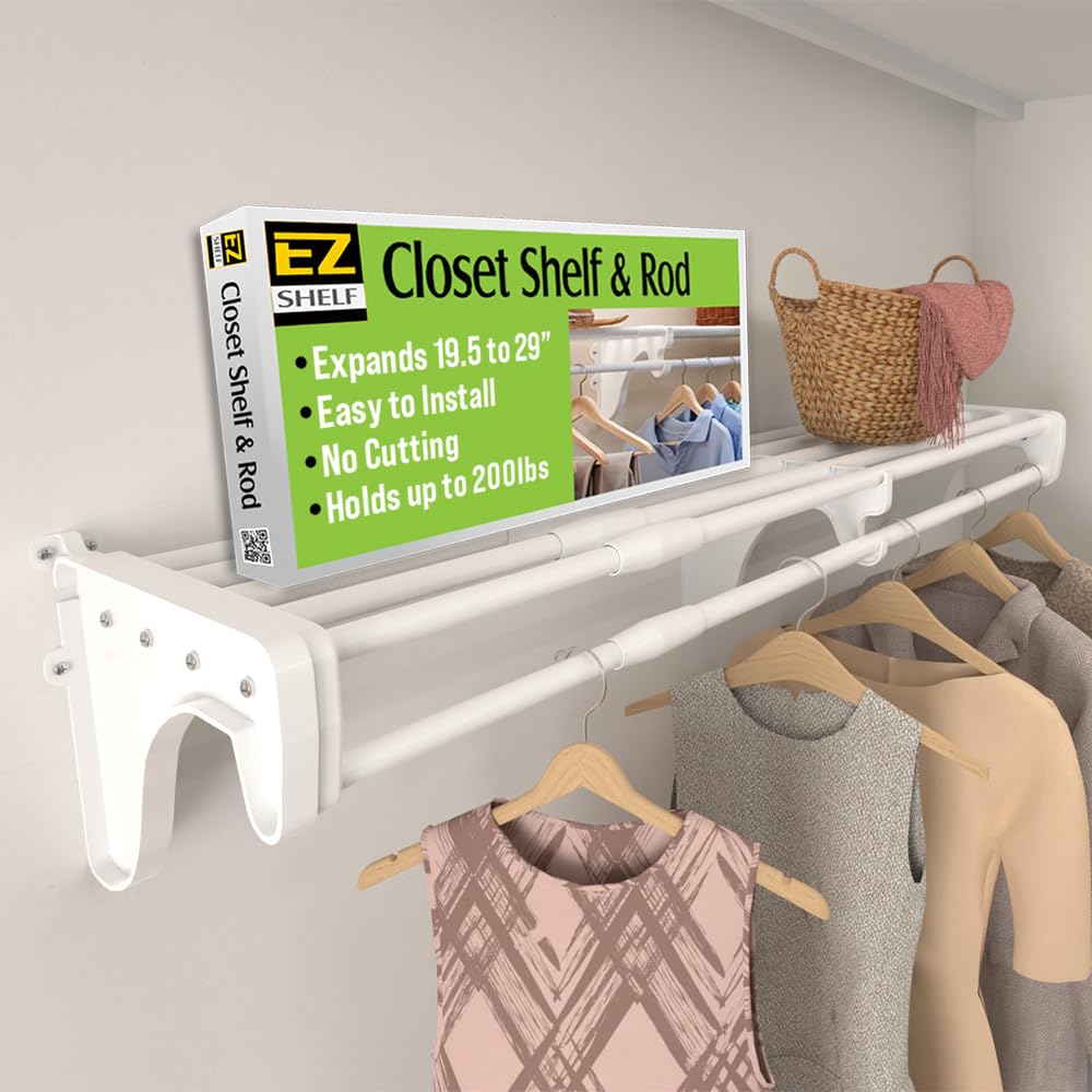 EZ SHELF - Closet Shelf with Hanging Rod – 19.5” to 29" Expandable, White, Closet Shelves – Strong, Holds 200 lbs – Easy Install – Backwall (floating) with 2 End Brackets, Alternative to Wire Shelving
