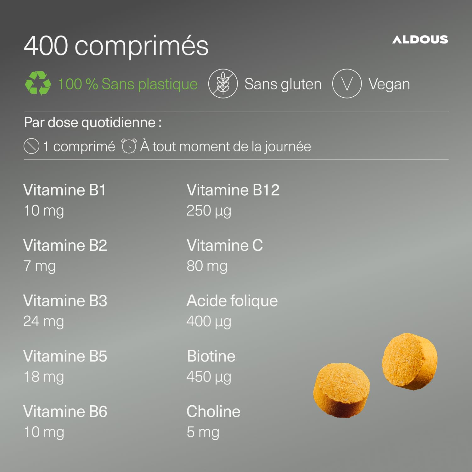 Vitamine B Complex + Vitamine C - 400 comprimés pour plus d'un an - Multivitamines - Complexe Vitamine B avec Vitamine B12, B1, B2, B3, B5, B6, Acide Folique, Biotine, Choline - Vegan - ALDOUS