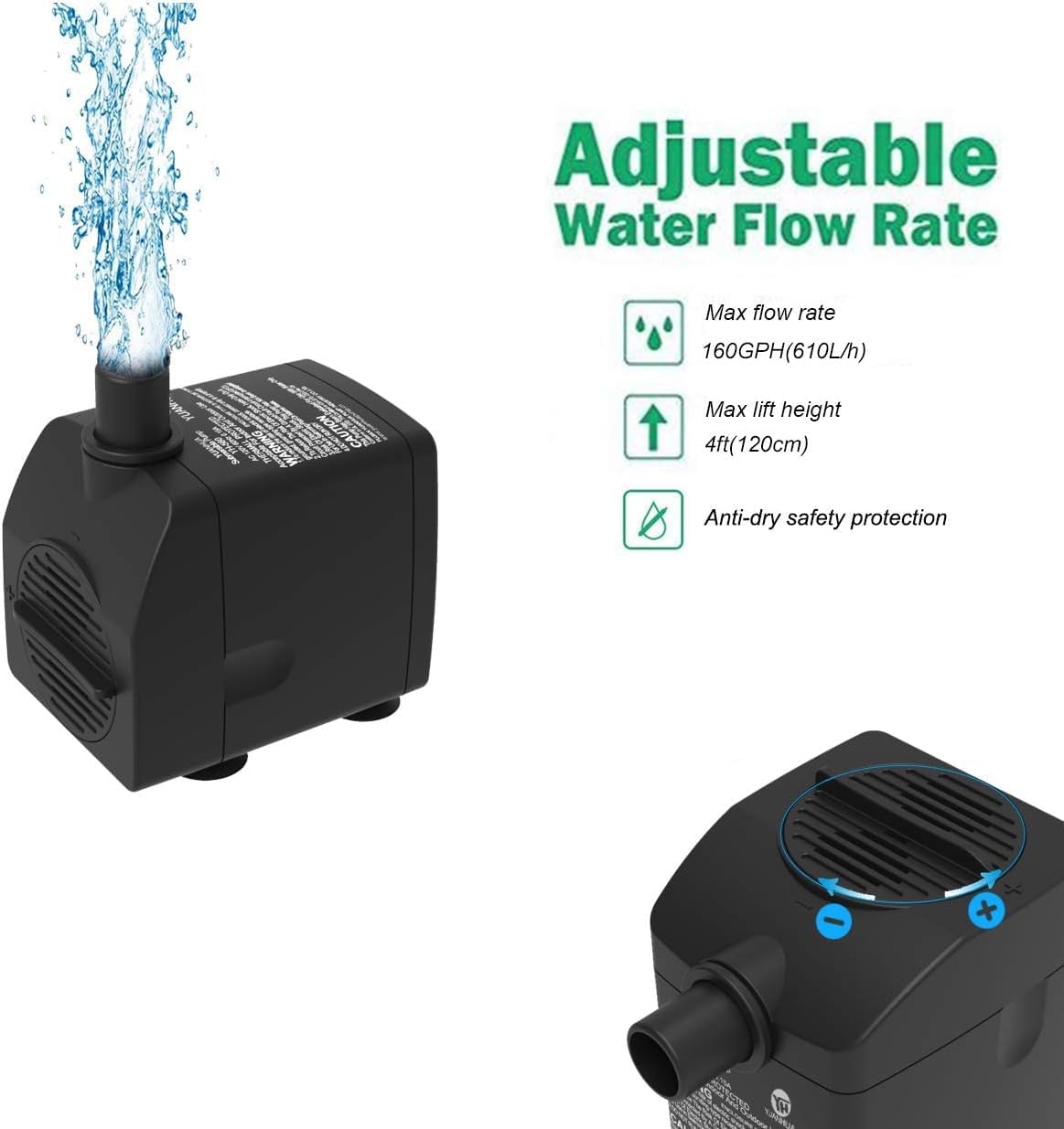 Submersible Water Pump Ultra Quiet with Dry Burning Protection160GPH for Fountains, Hydroponics, Ponds, Aquariums & More …