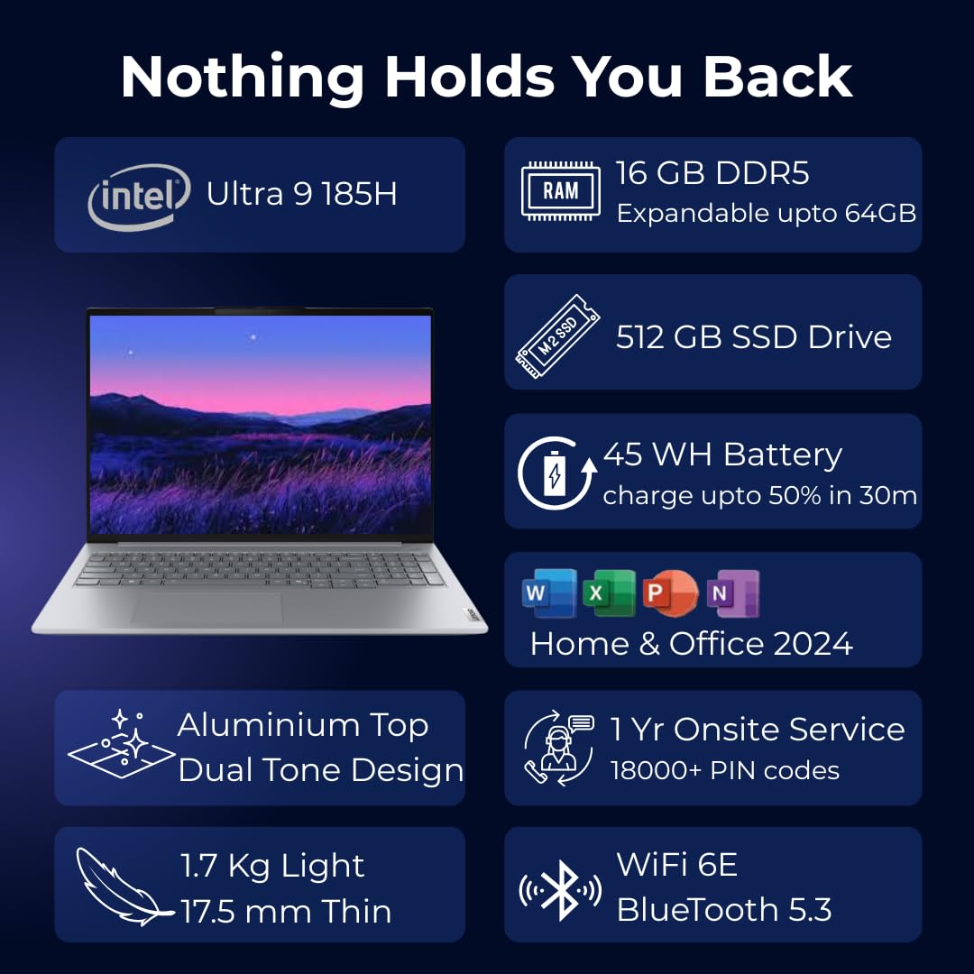 Lenovo ThinkBook 16, Intel Core Ultra 9 185H, 16GB RAM, 512GB SSD, WUXGA IPS 16” (40.64cm), Win 11 Home, Arctic Grey, 1.7Kg, 21SKA0J5IG, Fingerprint, Backlit, 300 Nits, 1Y Warranty, AI Powered Laptop — Amazon image 2