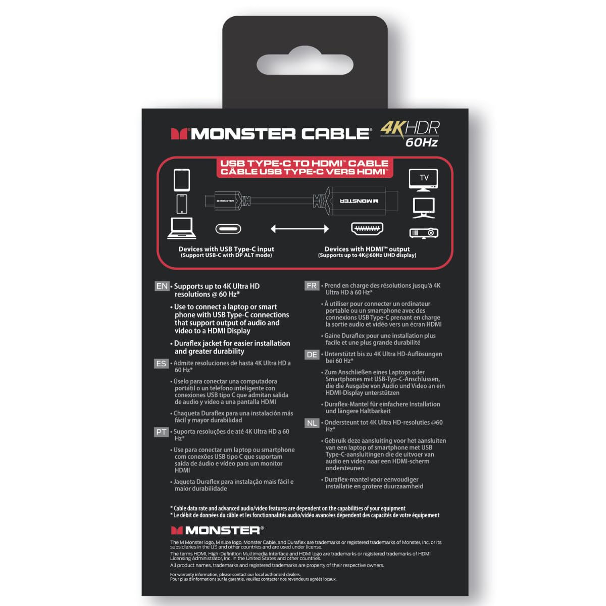 Monster Cable USB C vers HDMI, UHD 4K HDR 60Hz, Essentials, Plug & Play, 2m