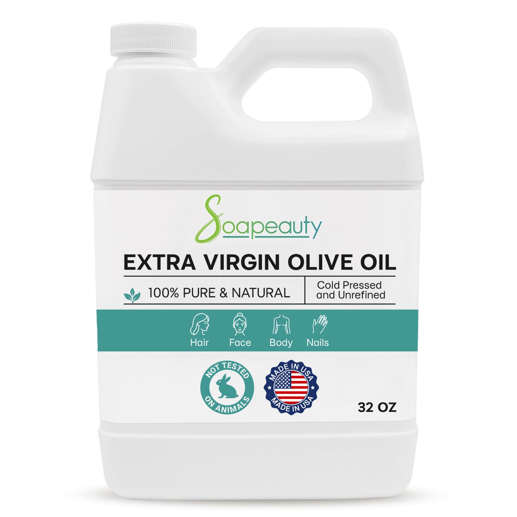 Soapeauty Extra Virgin Olive Oil | 100% Pure & Natural Unrefined Cold-Pressed Carrier Oil | Massage & Body Oil | for Skin, Face, Hair, and Soap Making | Carrier for Essential Oils - 32 Fl Oz