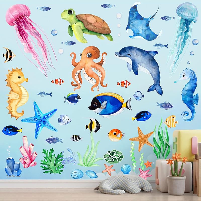 Ocean Sea Animals Wall Decals Stickers, 4Sheets 52Pcs Under The Sea Wall Stickers Fish Turtle Jellyfish Ocean Creature Decals for Kids Bedroom...