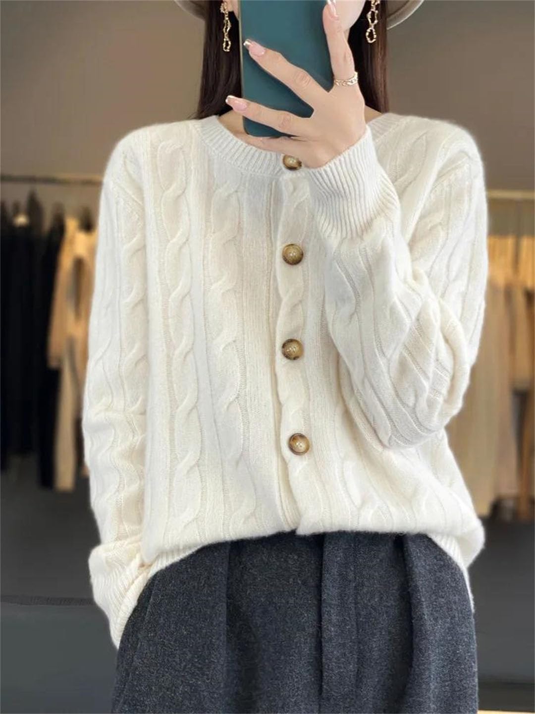 Cardigan O-Collo per Femminile Lana Merino Maglione Twist Fiore Manica Lunga Donne Abbigliamento Lavorato A Maglia
