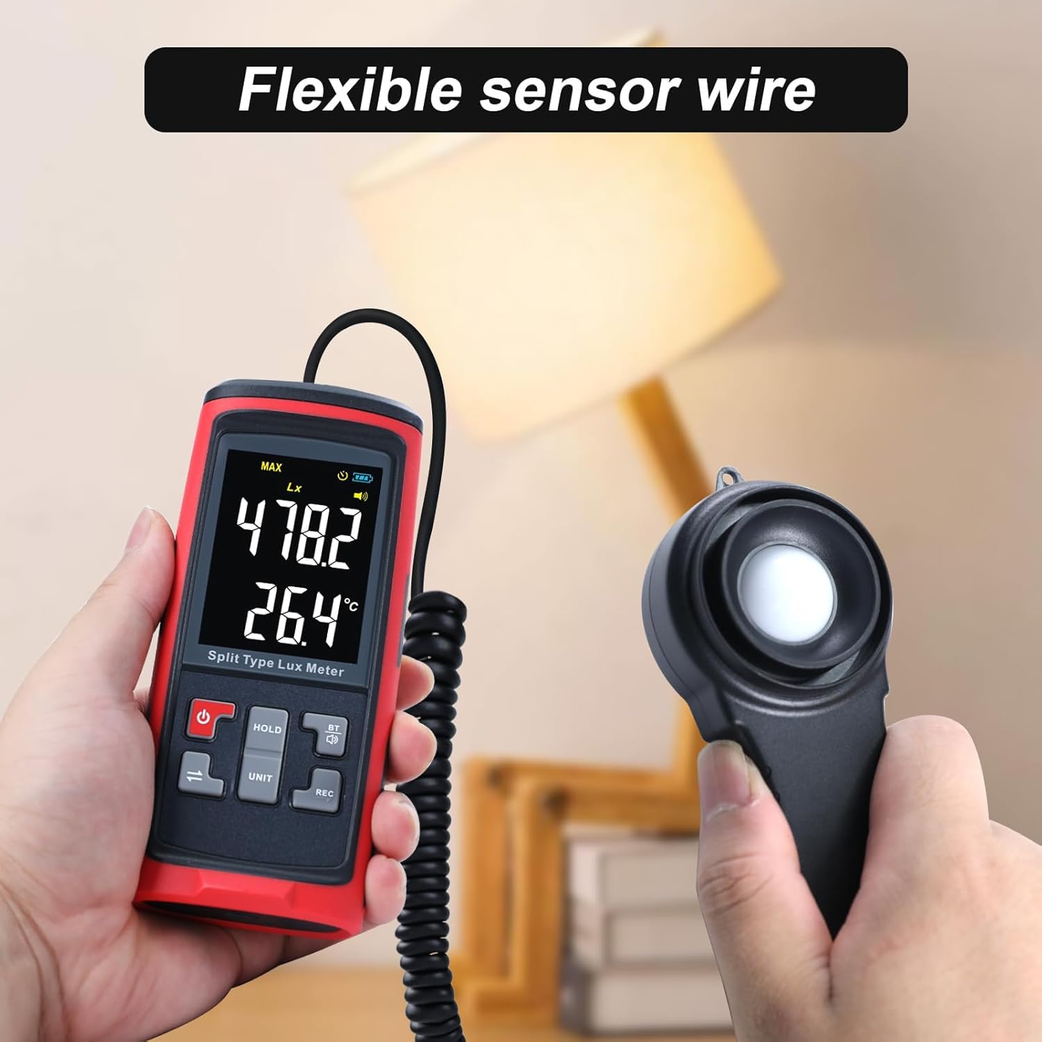 LuxmèTre NuméRique, Mesureur De LumièRe PhotomèTre D'éClairement avec Capteur Rotatif à 270 DegréS, 0-200,000 Lux Luxmetre Mesureur De TempéRature Ambiante Mètre d'intensité Lumineuse