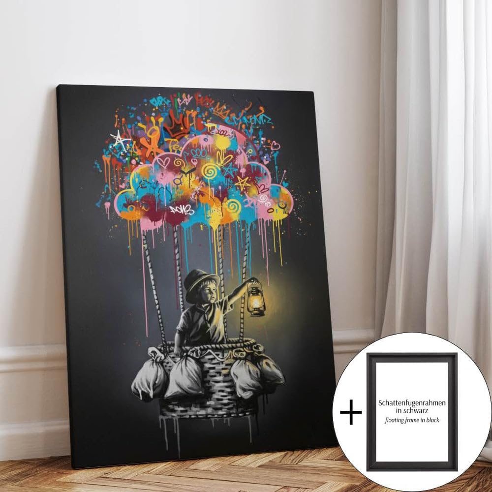 CANVEO Banksy Bilder Leinwand | Graffiti Poster Banksy Leinwand | Bild Wohnzimmer groß | Bild Schlafzimmer über Bett | Wandbilder modern mit Rahmen | xxl Bilder Flur Wanddeko