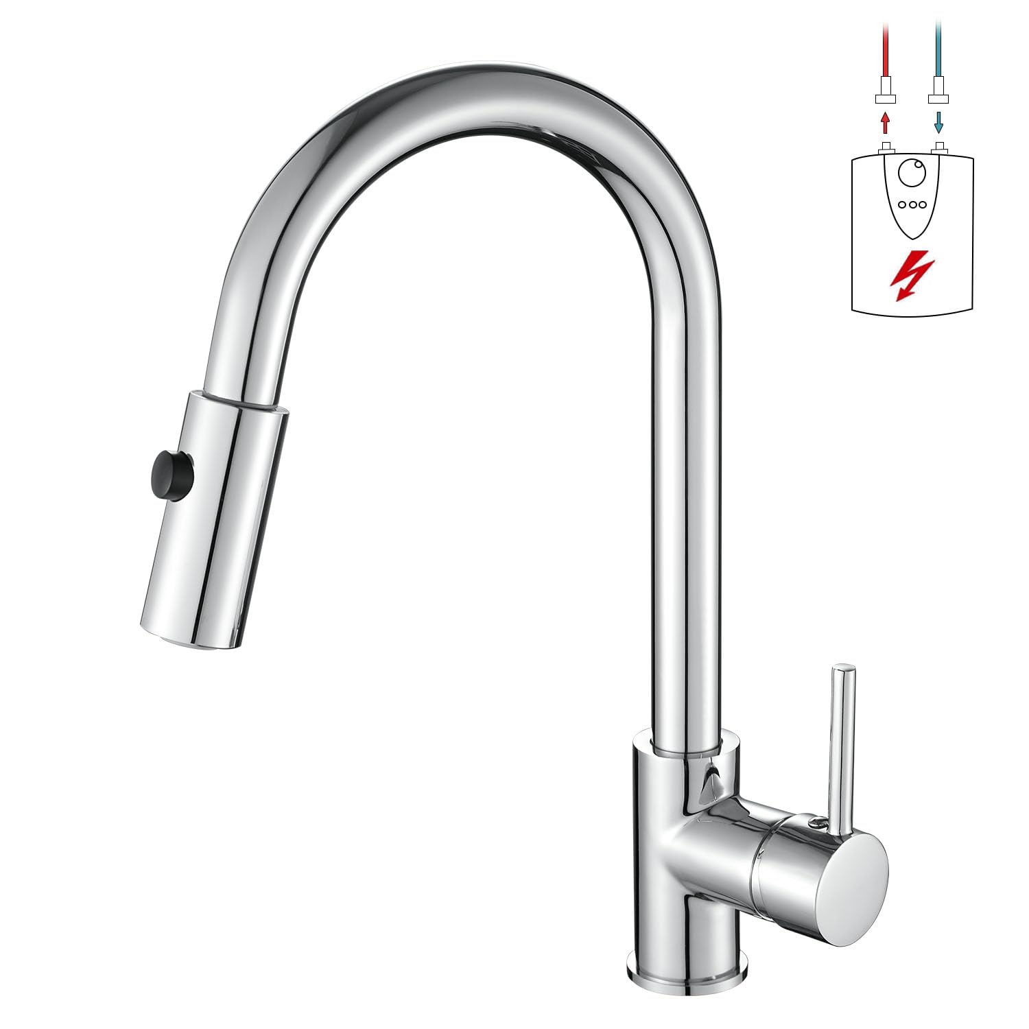 Grifo de cocina extensible de baja presión, giratorio 360°, grifo con 3 conexiones para caldera, grifo mezclador de arco alto con 2 modos de ducha, acero inoxidable