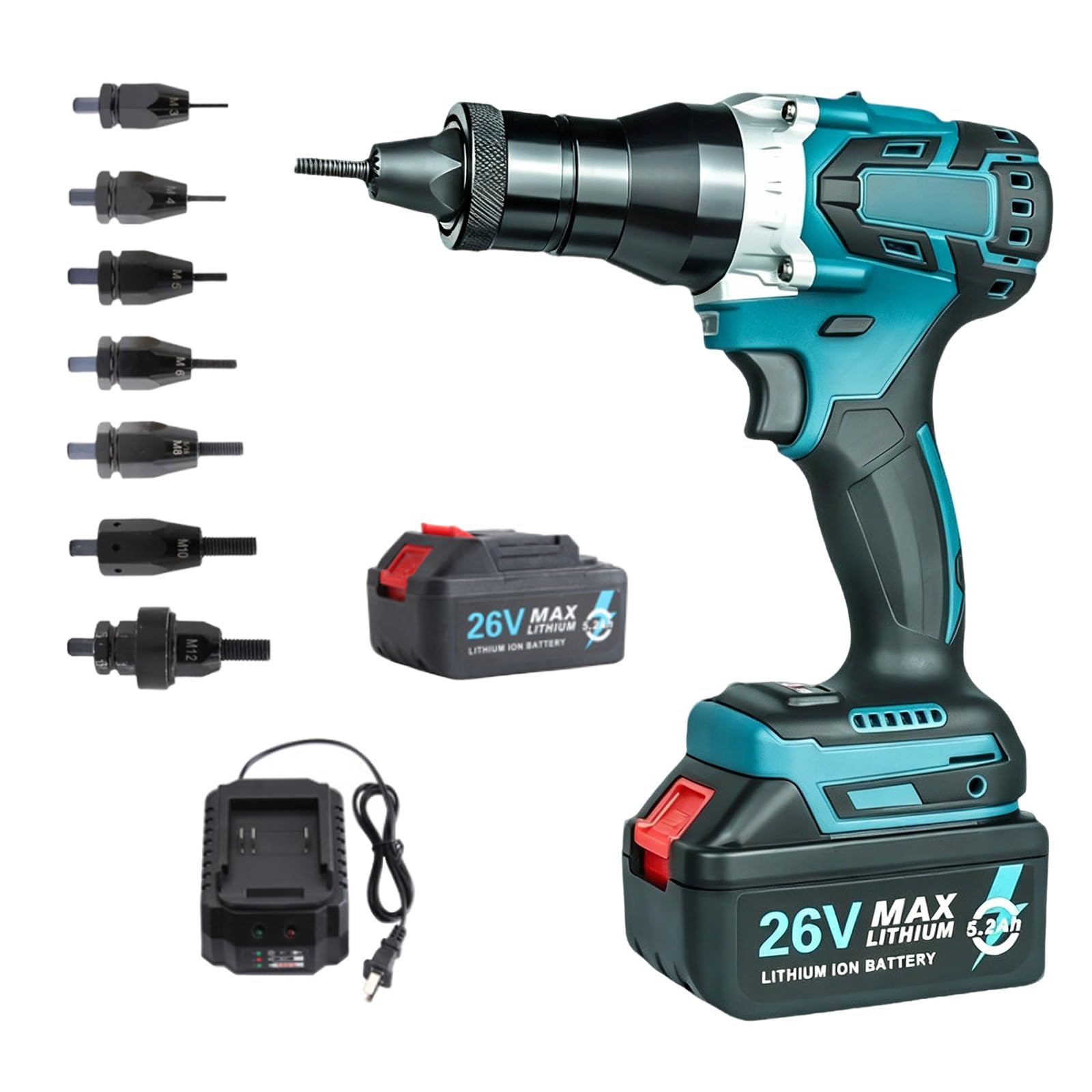 Remachadora Eléctrica Automática con Batería de 26 V, Pistola Remachadora Inalámbrica, Funcionamiento con un Solo Botón, Protección Contra Sobrecargas, Para Autocaravanas