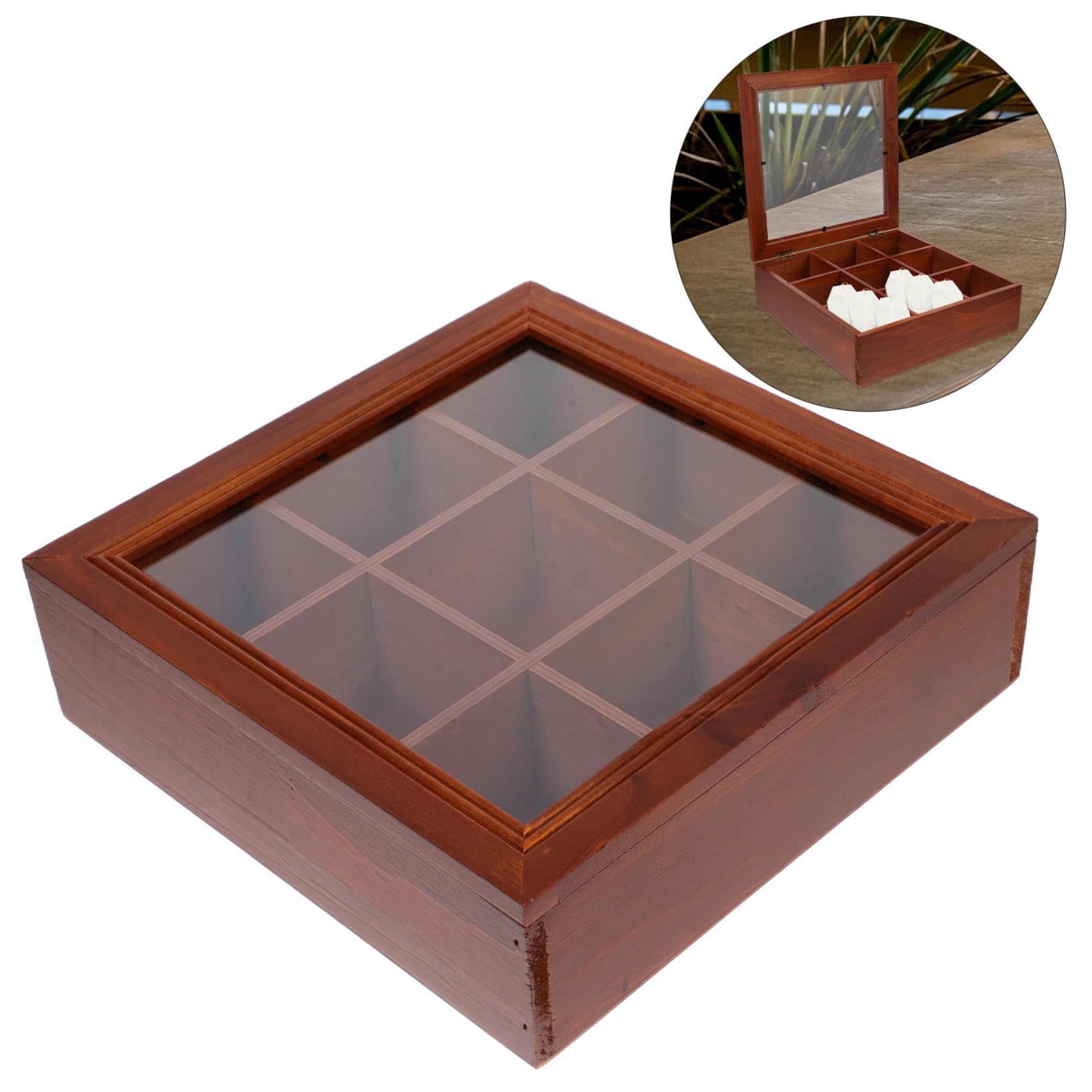 Holz Teebox mit 9 Fächern und Sichtfenster aus Acryl