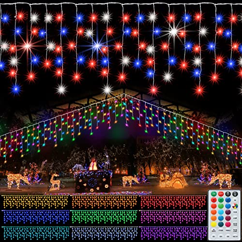 Pooqla Rgb Icicle Lights Outdoor Decoration, Color Changing Led String Lights With Remote, 30Ft 300Led Hanging 4Th Of July Red White Blue Lights For Memorial Day Roof Window Home Party Christmas Decor #TOP14