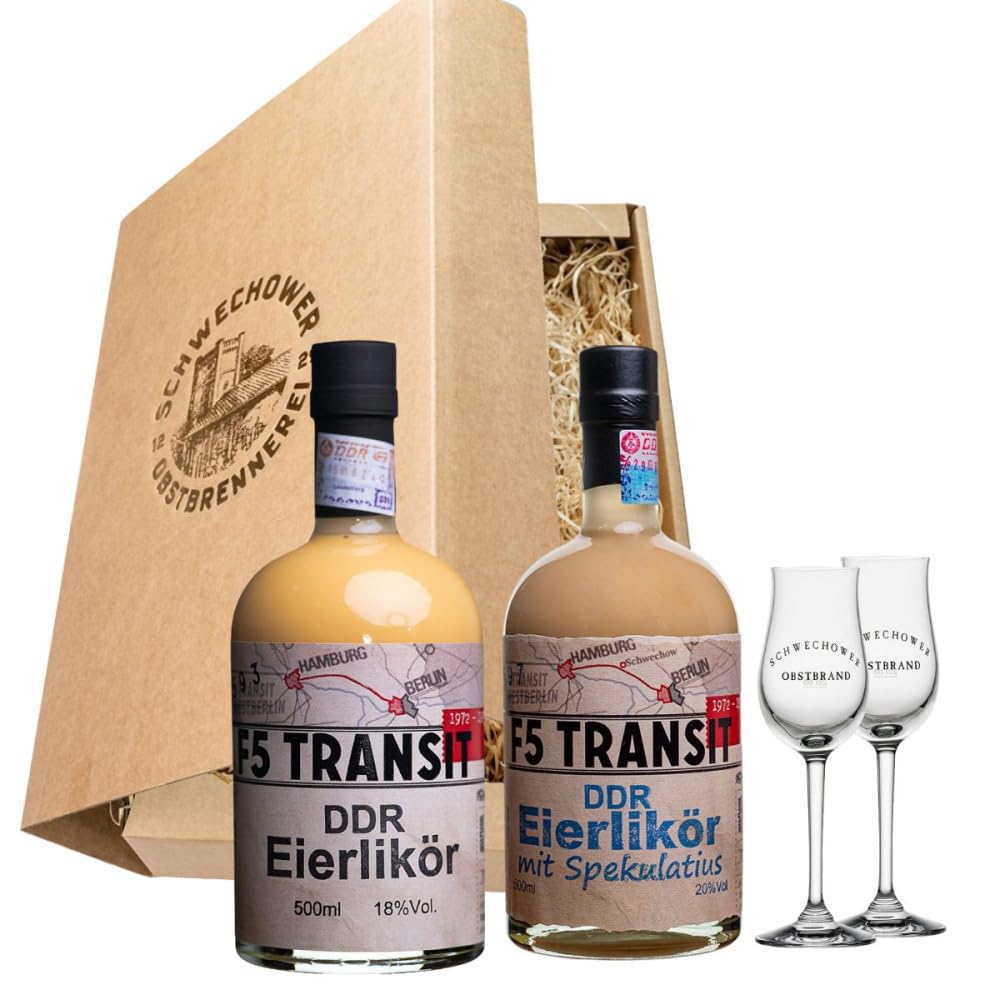 Schnapsgeschenk Nr. 15280 | F5-Transit | DDR-Eierlikör Original 0.5l (18% Vol) + Eierlikör mit Spekulatius (20% Vol) + 2 Gläser in Geschenkkarton mit Goldprägung | Schwechower Brennerei (1229)