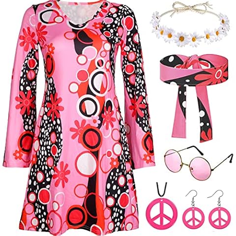 YADODO Hippie kostüm Damen 70er Jahre Bekleidung Damen kleid 60er 70er Hippie Kleidung Damen Accessoires Disco Outfit Kostüm Damen Mädchen 70er Mode Damen Faschingskostüme Cover
