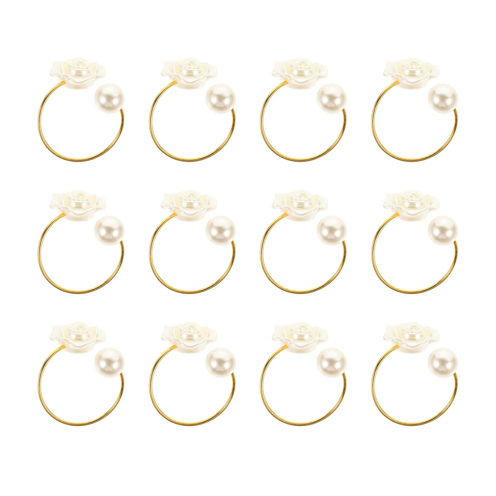 12Pcs Rose and Pearls Napkin Rings Kitchens Table Decors Metal Napkin Holder Buckles for Formal or Casual Dinner Party Wedding Dining Holders