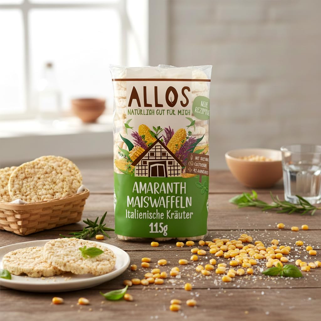 Allos Bio Amaranth-Mais Waffeln Italienische Kräuter | 12er Pack | Knusprig-leichter Snack mit Kräutern | Alternative zu Reiswaffeln |vegan & glutenfrei | 12 x 115g