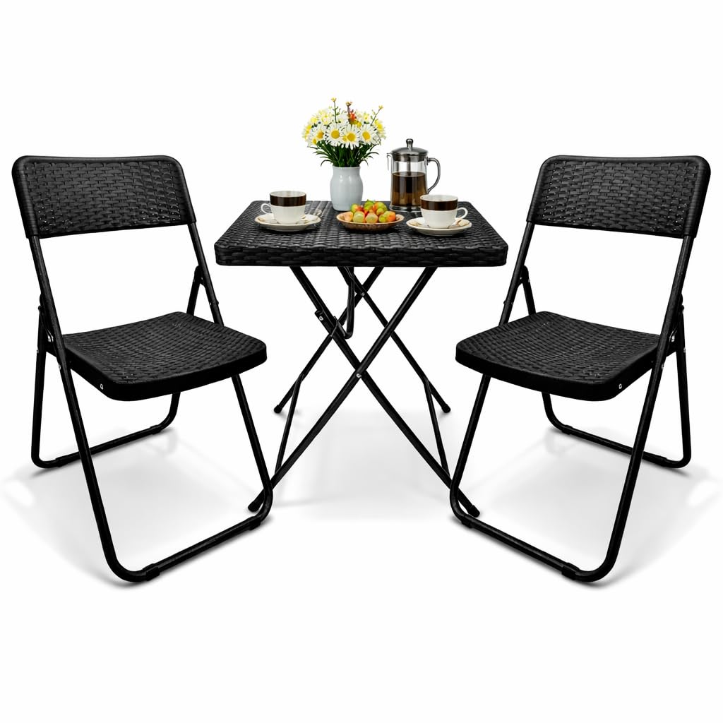 Rattan Effect Bistro Table and Chairs Set - Brown - Black
