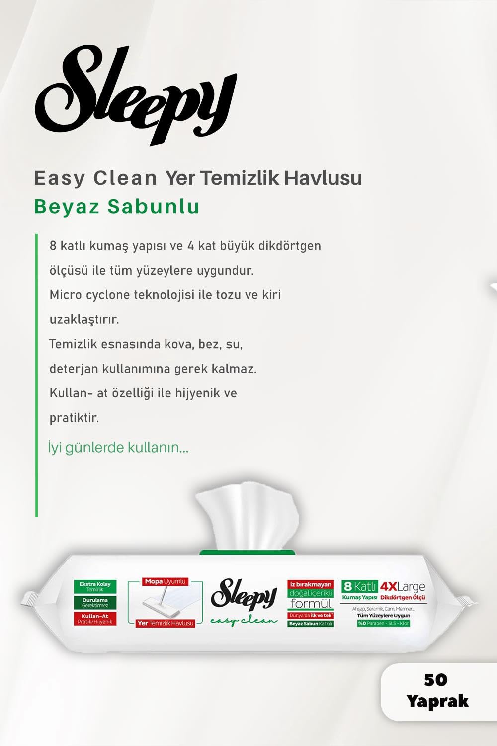 Sleepy 2 Adet Beyaz Sabunlu Mopa Uyumlu Yer Mendili 50'li ve ROSIE