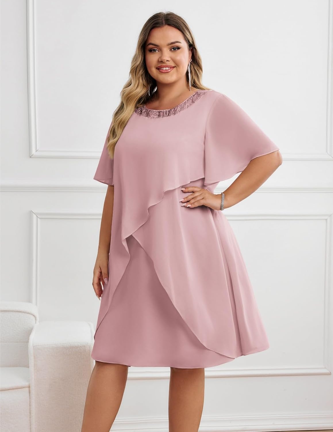 Hanna Nikole Plus Size Dress for Curvy Women 2026 Wedding Guest Dress Sequined Crew Neck Cocktail Dress with High Low Hem - Image 6
