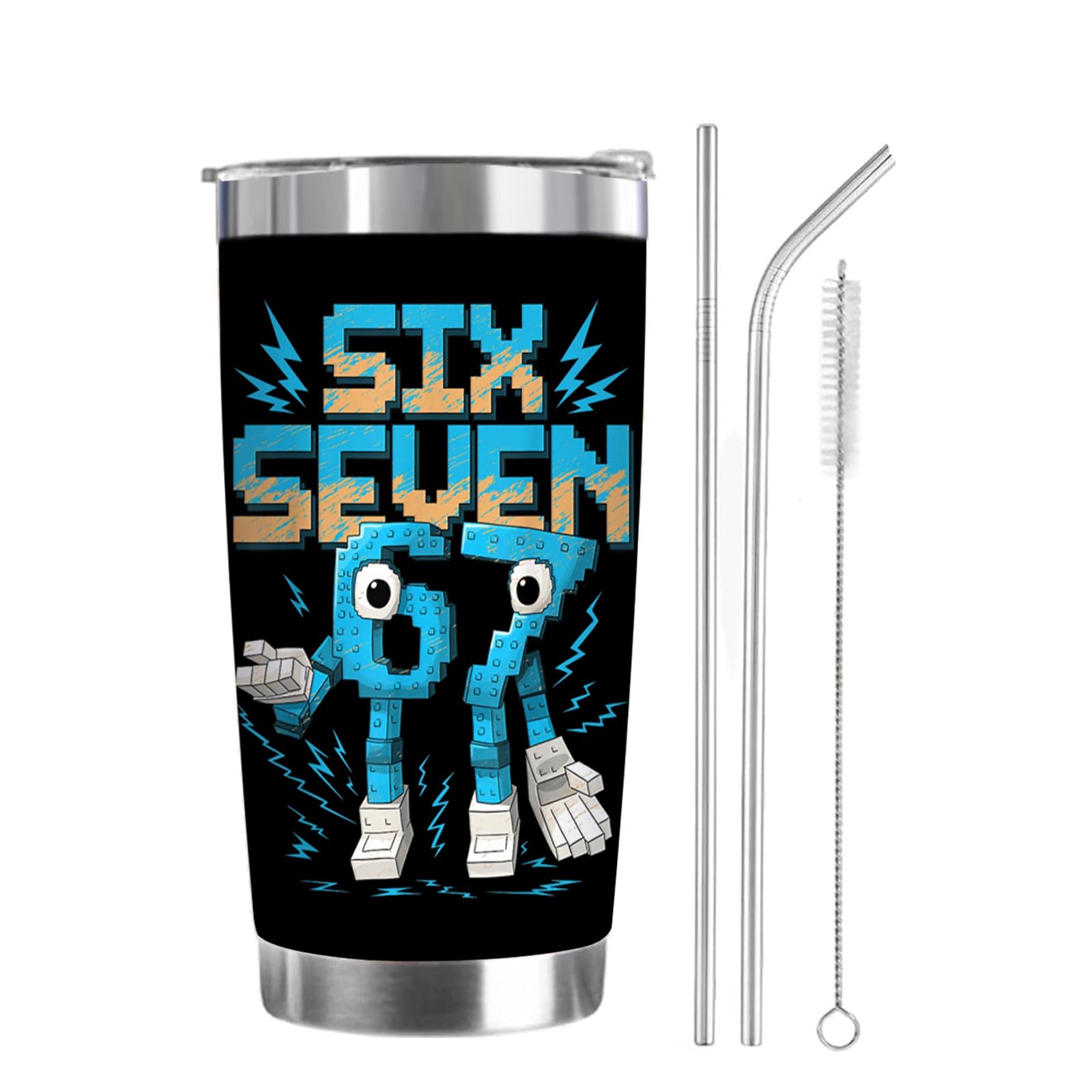 Nhemeylp 6 7 Gifts, 20oz 67 Meme Stainless Steel Insulated Mug, Six Seven Thermal Cup with Straw and Lid Brush, 6 7 Gifts for Kids Adults Thanksgiving Christmas Birthday (Black)