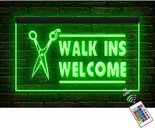 160021 Walk INS Welcome Beauty Haircut Barber Salon Shop - Letrero de neón con luz LED (12 x 8 pulgadas, 16 colores por control remoto)