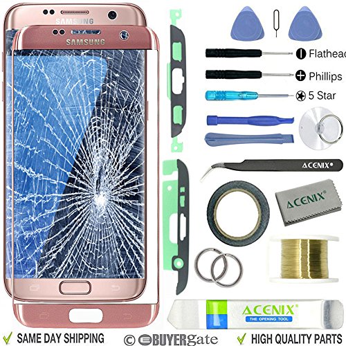ACENIX® - Kit de reparación de lente de cristal frontal exterior para Samsung Galaxy S7 Edge, color oro rosa + cinta de 2 mm y herramientas de apertura