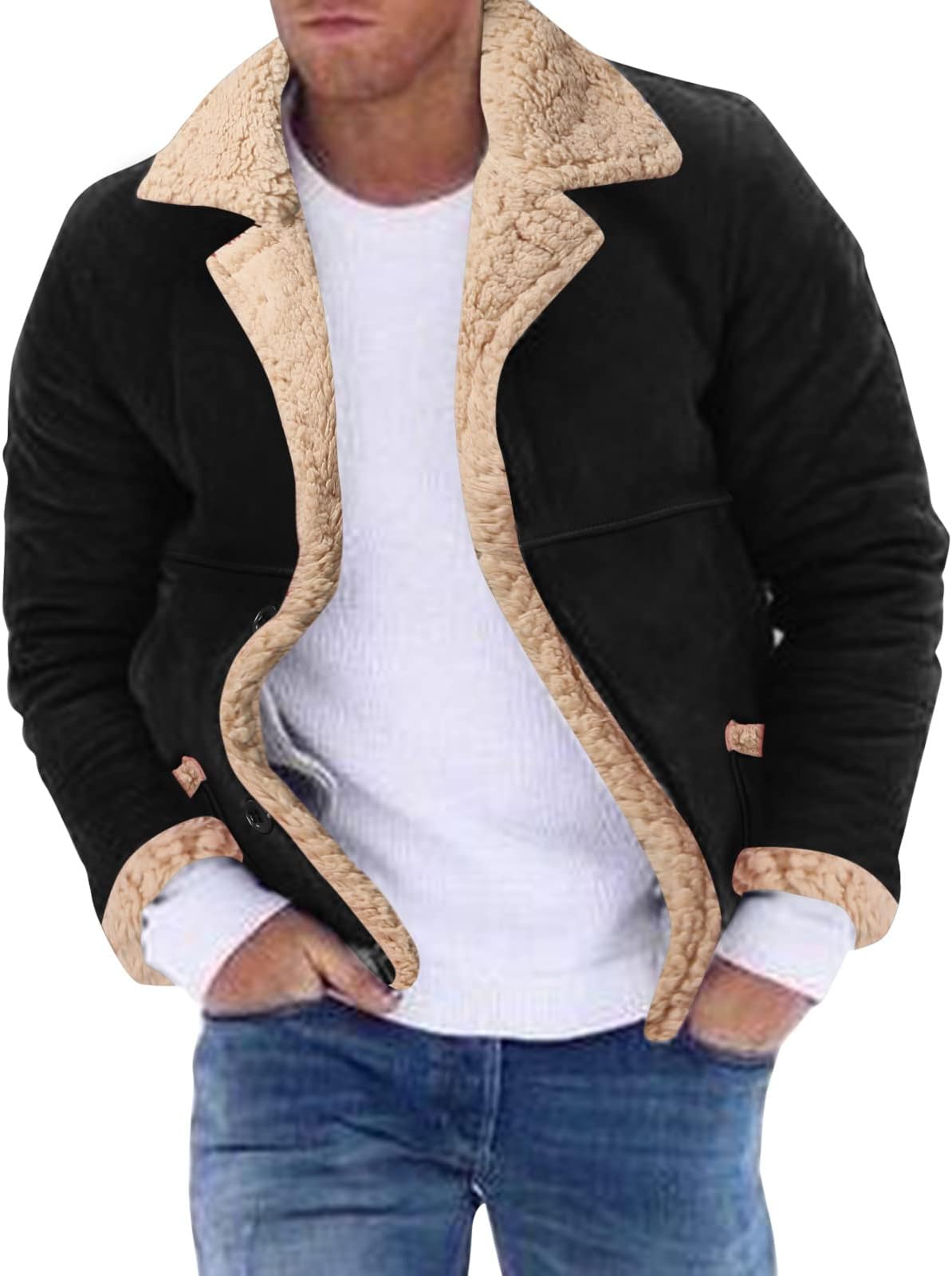 Cocila Jacket for Winter Men Lapel Collar Long Sleeve Padded Leather Vintage Thicken Coat Sheepskin Zipper Mens Lightweight Waterproof 4XL