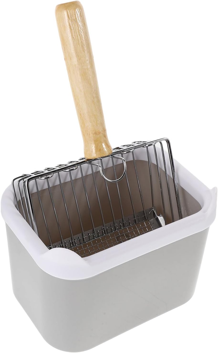 Stainless Steel Cat Litter Scoop with Holder, Large Metal Sifting Scooper with Light Wood Handle and Gray Storage Base, Sturdy Litter Box Tool for Easy Cleaning