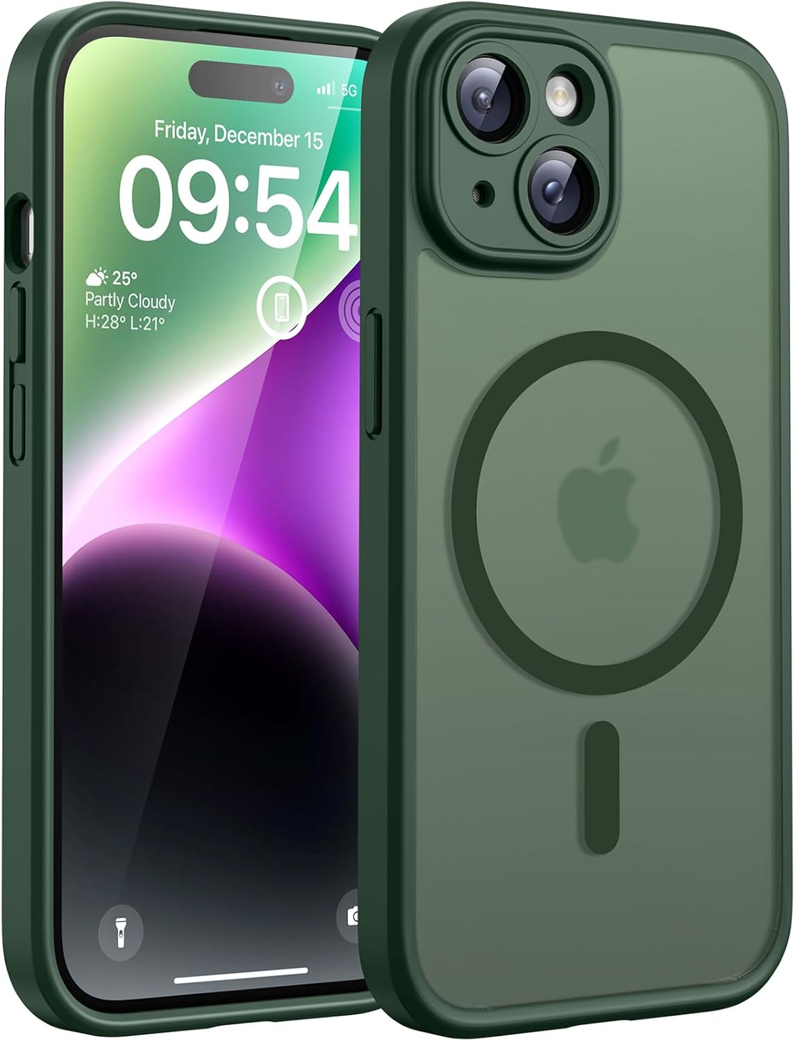 TOCOL Cover Magnetica per iPhone 14 6,1 Pollic, Compatibile con MagSafe, Protezione Fotocamera Integrata, Custodia Antiurto Traslucida Opaca, Verde Alpino