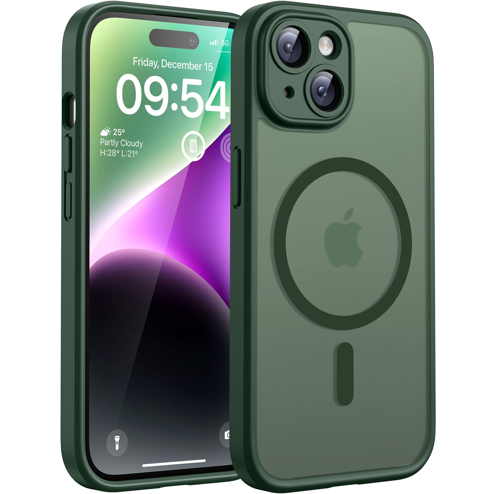 TOCOL Cover Magnetica per iPhone 14 6,1 Pollic, Compatibile con MagSafe, Protezione Fotocamera Integrata, Custodia Antiurto Traslucida Opaca, Verde Alpino