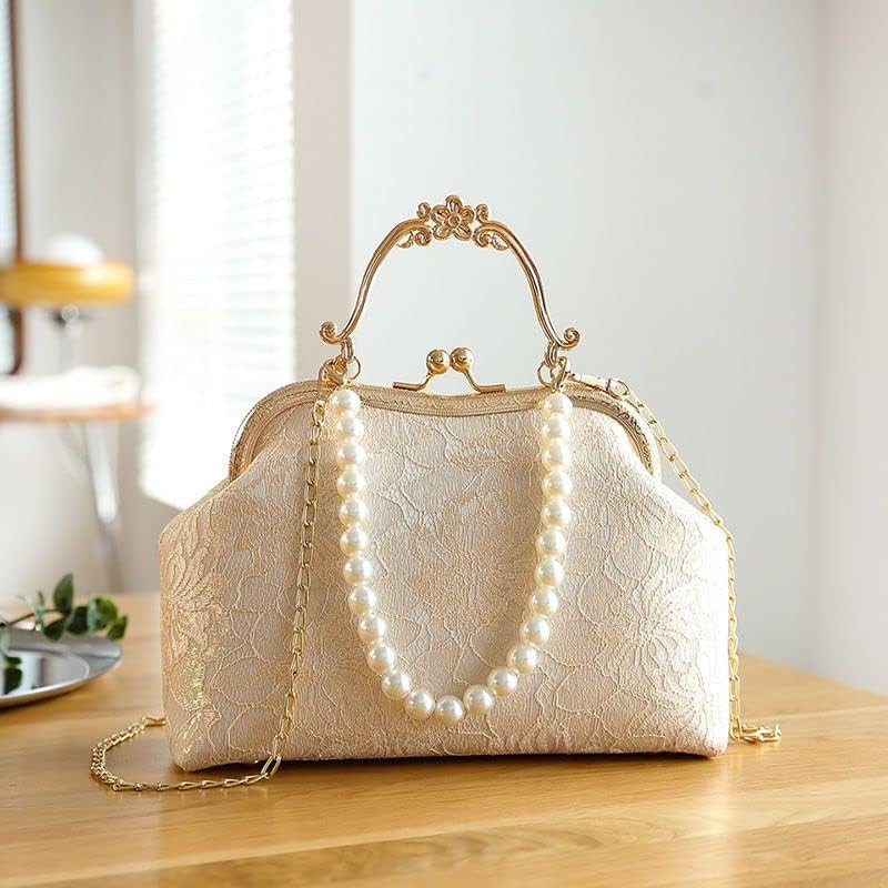 HUFFA Vintage Classic Lace Bag Beads Wedding Shell Lock Bags Women Shoulder Crossbody Bag Chain Women's Handbags Purses (Color : Women Bag 2, Size : 26CMX16CMX8CM)