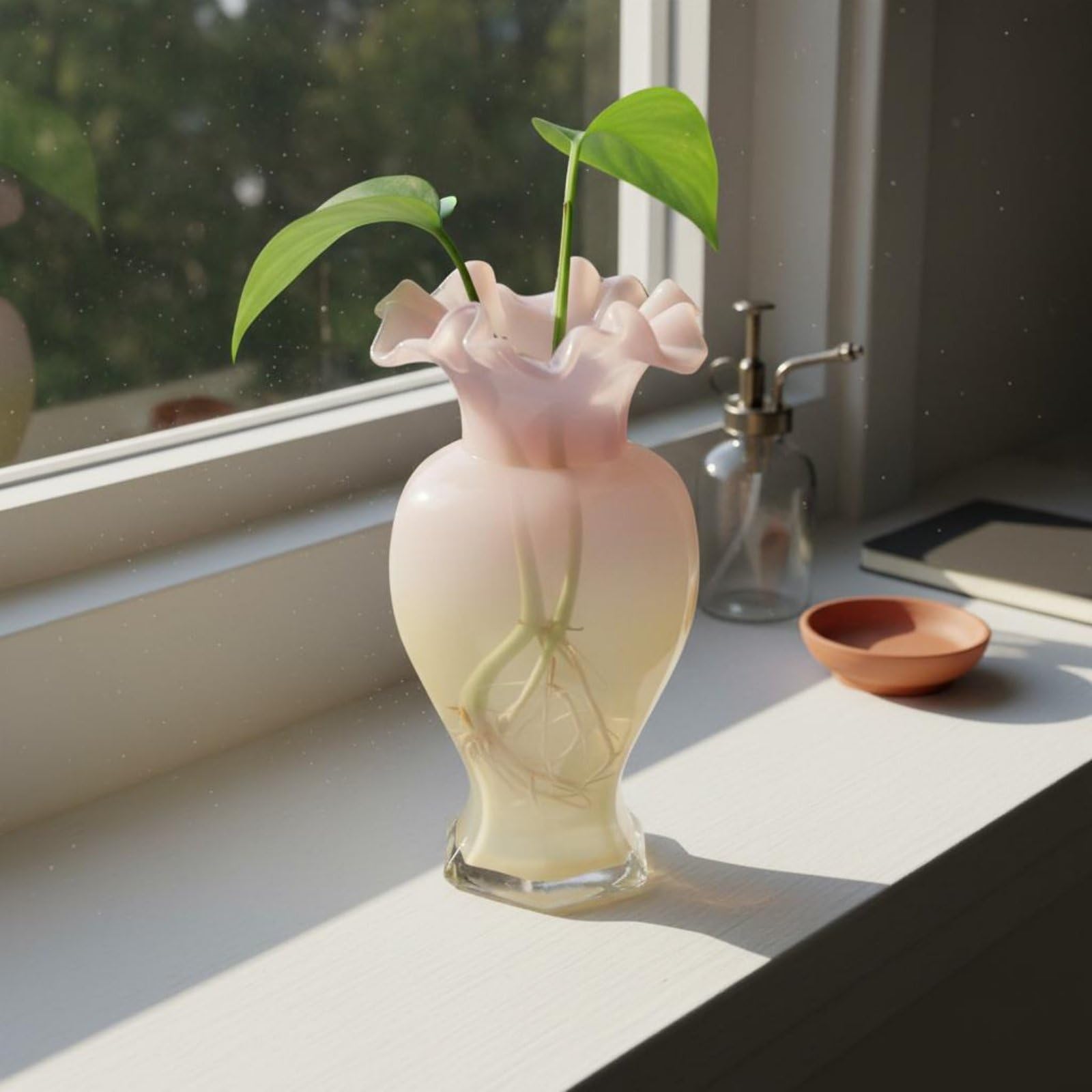 Jarrón Decorativo de Florero de Vidrio Ondulado Soplado con Acabado Pulido y Base Estilizada Diseño Único Artesanal Adecuado para Salón Comedor Oficina Regalo, Azul Empolvado