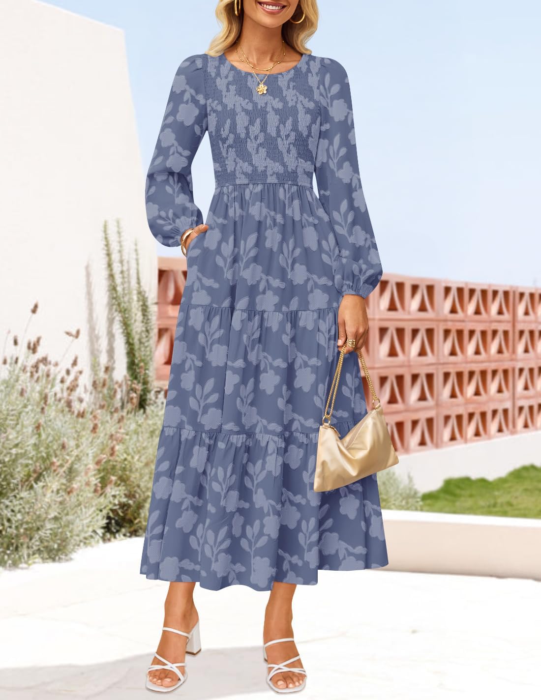 ZESICA Women's Fall Boho Floral Midi Dress 2026 Casual Long Sleeve Crewneck Flowy Wedding Guest Long Dresses - Image 9