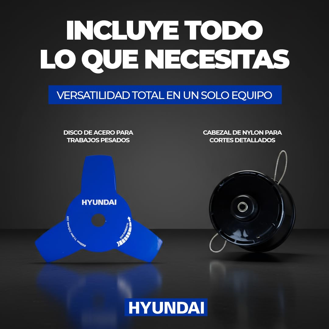 Hyundai Desbrozadora Gasolina 30cc 2 Tiempos 0,8 kW con Disco de Metal y Cabezal de Nylon - Desbrozadora Ligera de Eje Recto, Doble Manillar y Corte de hasta 420 mm