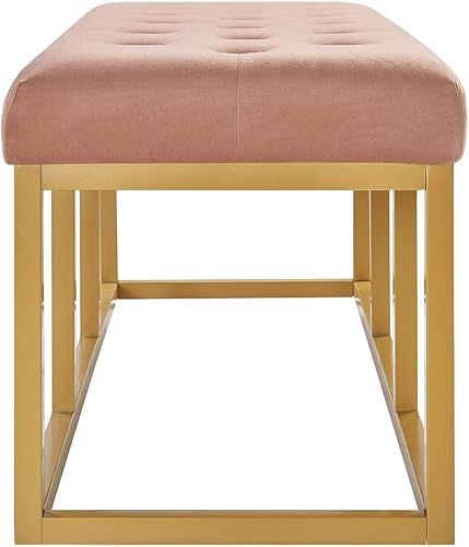 Miniatura 5 de 24KF Banco largo tapizado con patas de metal dorado, banco de terciopelo rubor con asiento acolchado, color rubor