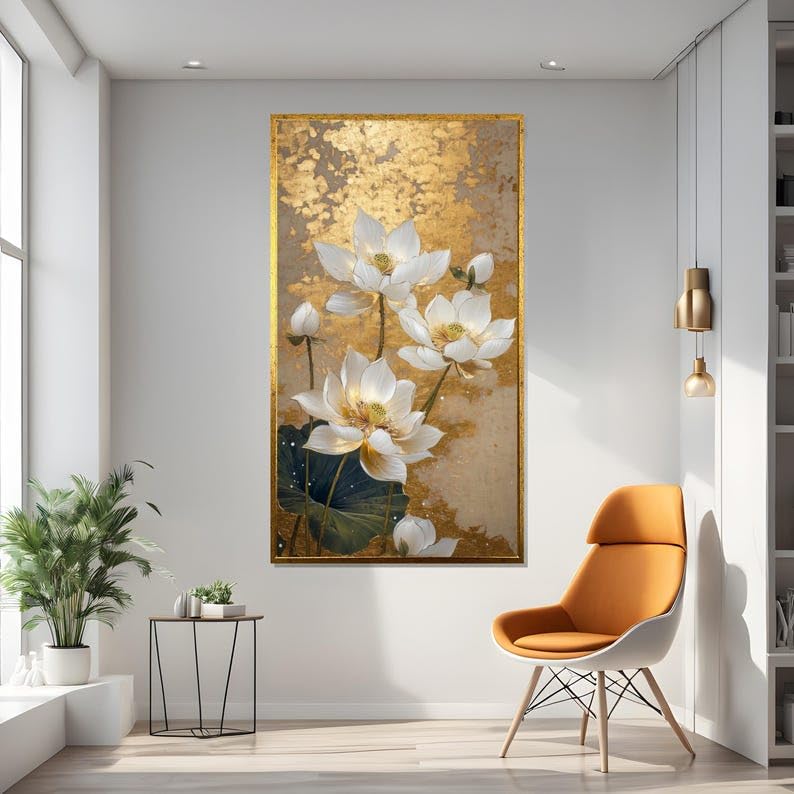 Toile fleurs de lotus dorées grand format pour mur vide - 4