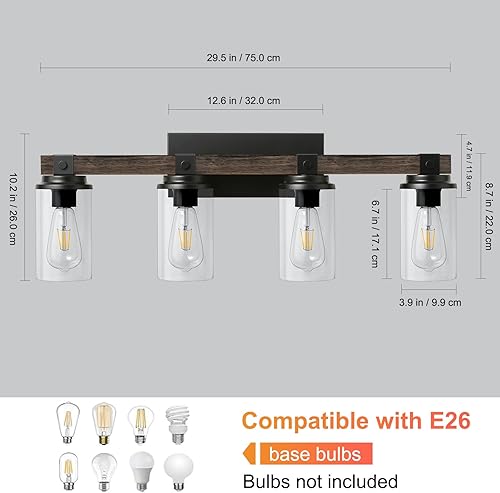 Miniatura 4 de Lámpara de tocador de baño de granja, 4 apliques de luz, iluminación de pared rústica de madera, lámparas de baño sobre el espejo, lámpara de