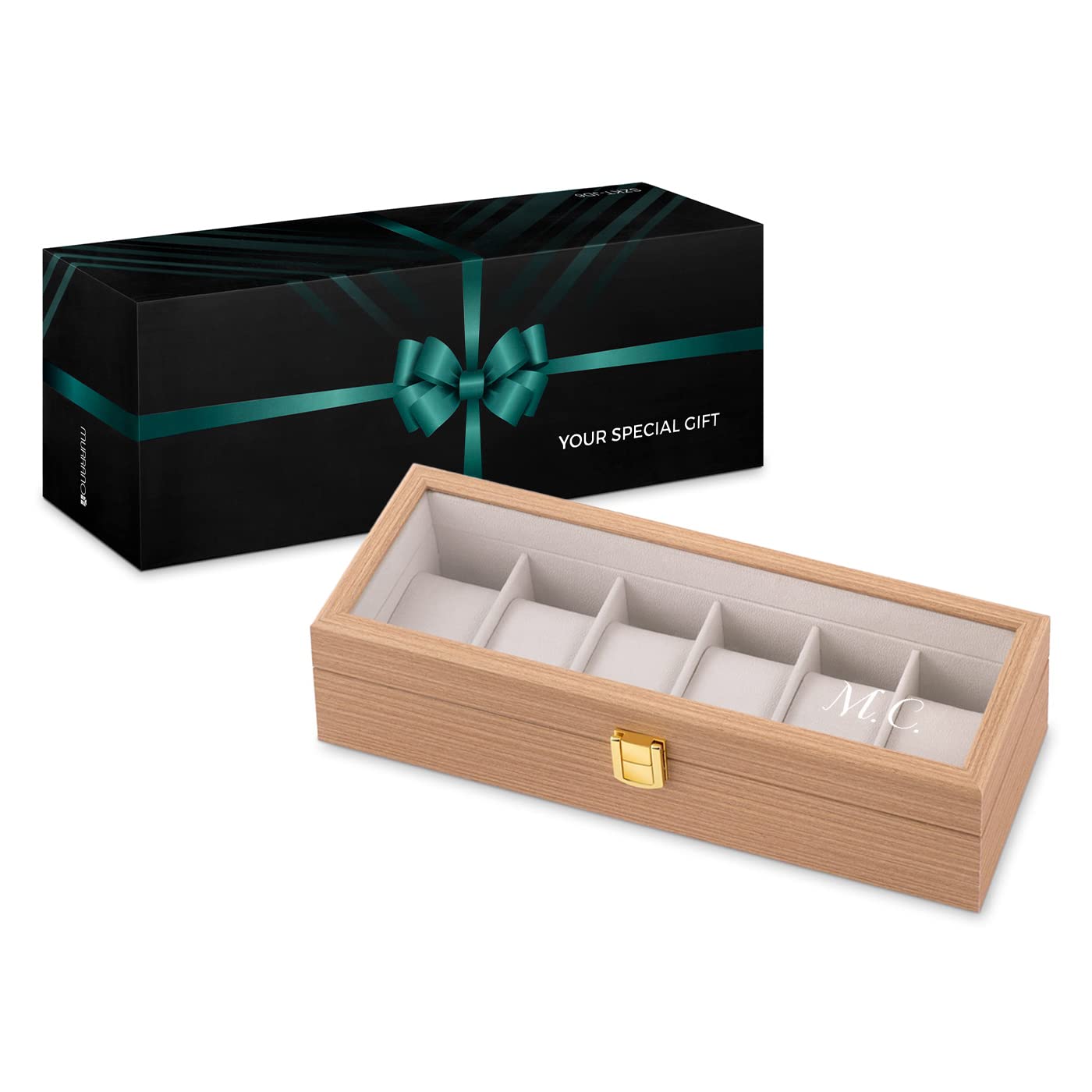 Maverton Boîte à 6 montres personnalisée en bois - 31 cm x 11 cm x 8 cm - Coffret pour une collection de montres - Cadeau pour collectionneurs - Pour homme - Initiales