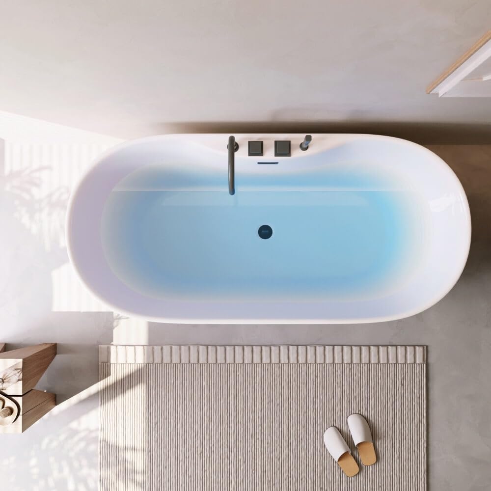 HOME DELUXE - Vasca da bagno autoportante – LENI – Bianco, con rubinetto nero – Dimensioni: circa 170 x 80 x 58 cm – Capacità: 235 litri, con protezione anti-troppopieno, sifone e chiusura I Spa, per