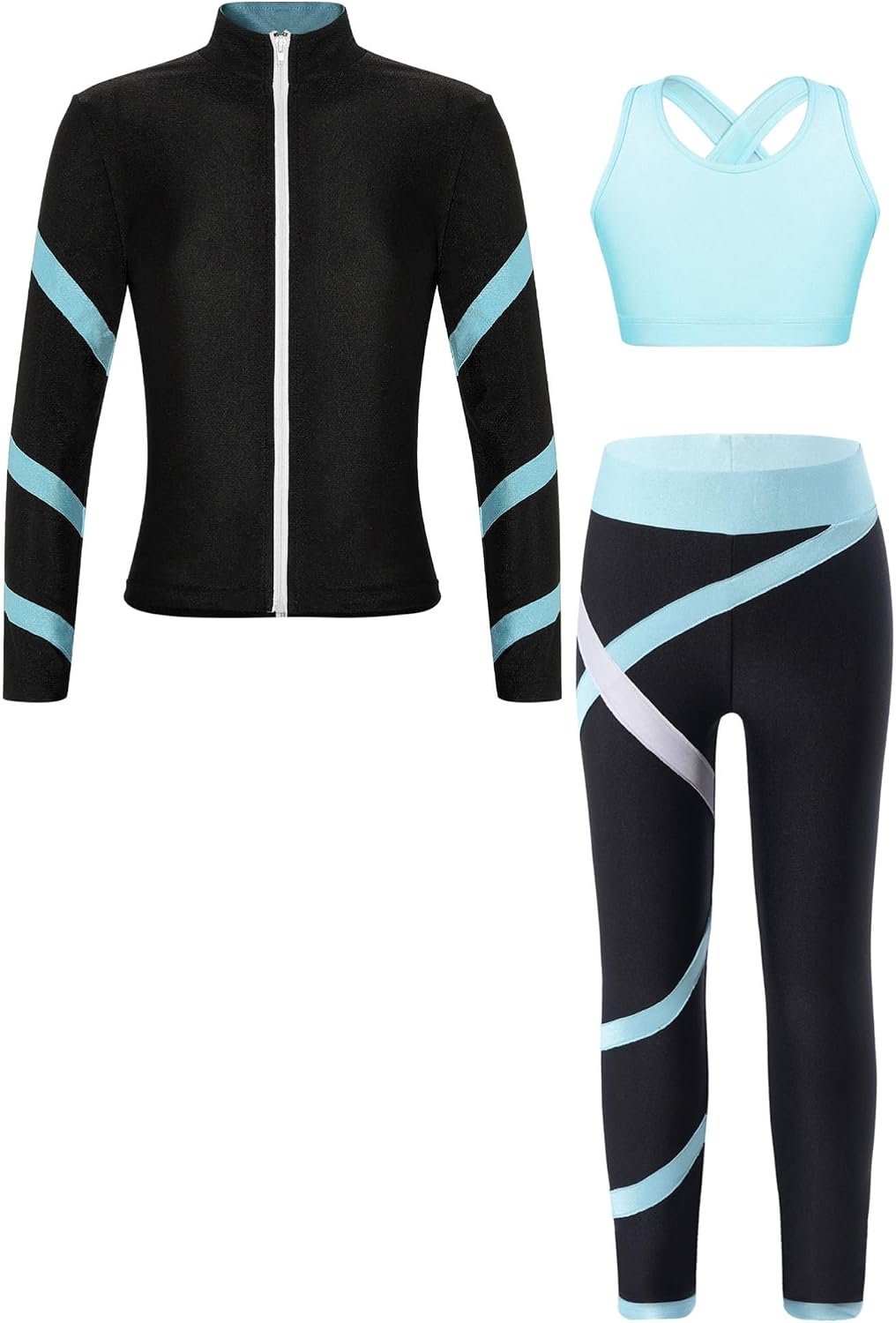 CHICTRY Kids Girls 3pcs Figure Ice Skating Tracksuit Long Sleeve Jacket and Dance Crop Top with Athletic Legging Pants Set