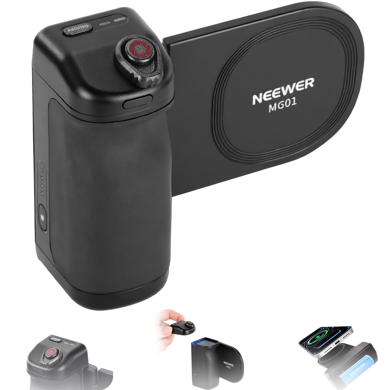 NEEWER Impugnatura Magnetica per Fotocamera Telefono Compatibile con MagSafe iPhone Samsung Ricarica Wireless, Grip Ergonomica con Batteria 3500mAh e Telecomando Rimovibile per Video Treppiede, MG01