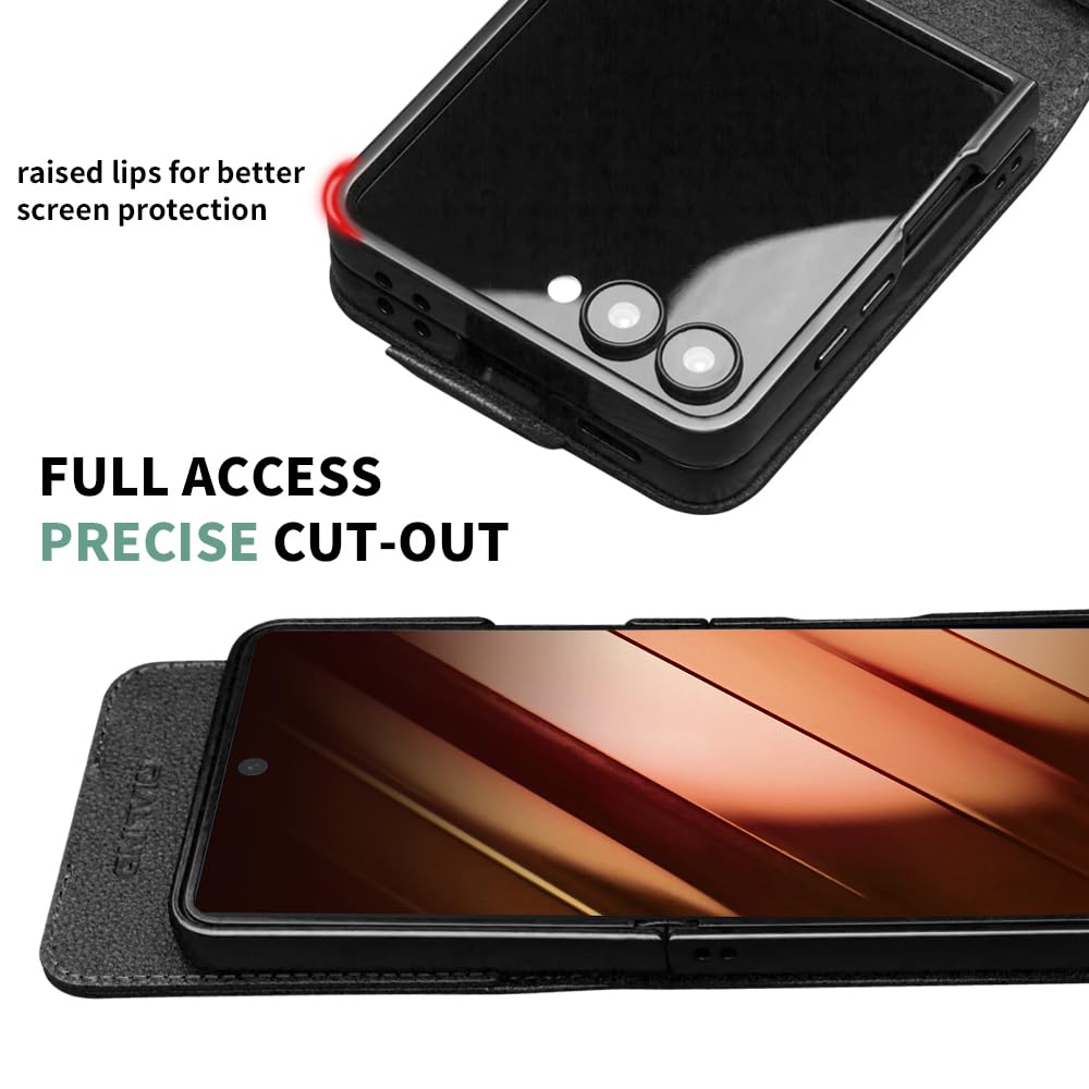 Funda de piel para Samsung Galaxy Z Flip 7 5G Premium de cuero de vaca con cierre magnético para Samsung Z Flip 7 funda (negro2)