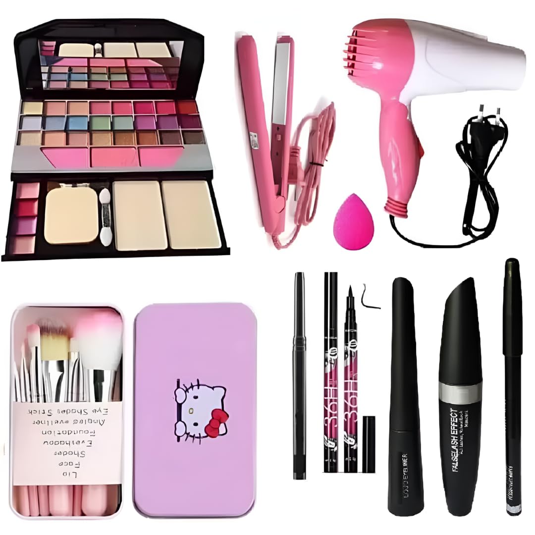 Core Nucleus 6155 Makeup Kit with 7 Pink Makeup Brushes, Hair Dryer, Mini Hair Straightener, 3-in-1 Eye Combo, 36H Long-Lasting Eyeliner, Kajal, and Pink Beauty Blender – 16-Piece Set Core Nucleus 6155 Makeup Kit with 7 Pink Makeup Brushes, Hair Dryer, Mini Hair Straightener, 3-in-1 Eye Combo, 36H Long-Lasting Eyeliner, Kajal, and Pink Beauty Blender – 16-Piece Set