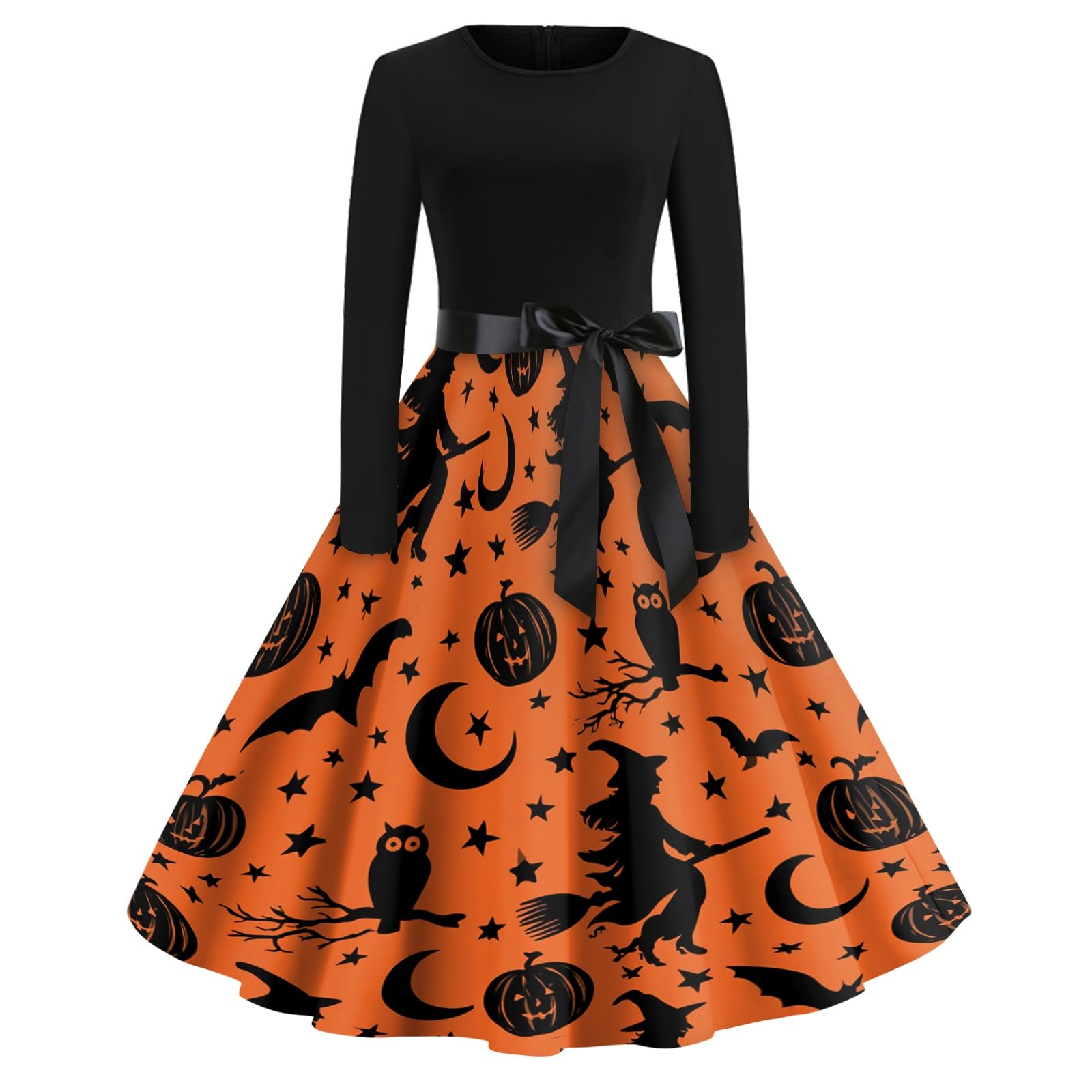 Vestido Halloween mujer con manga larga y falda midi evasé de calabazas 5